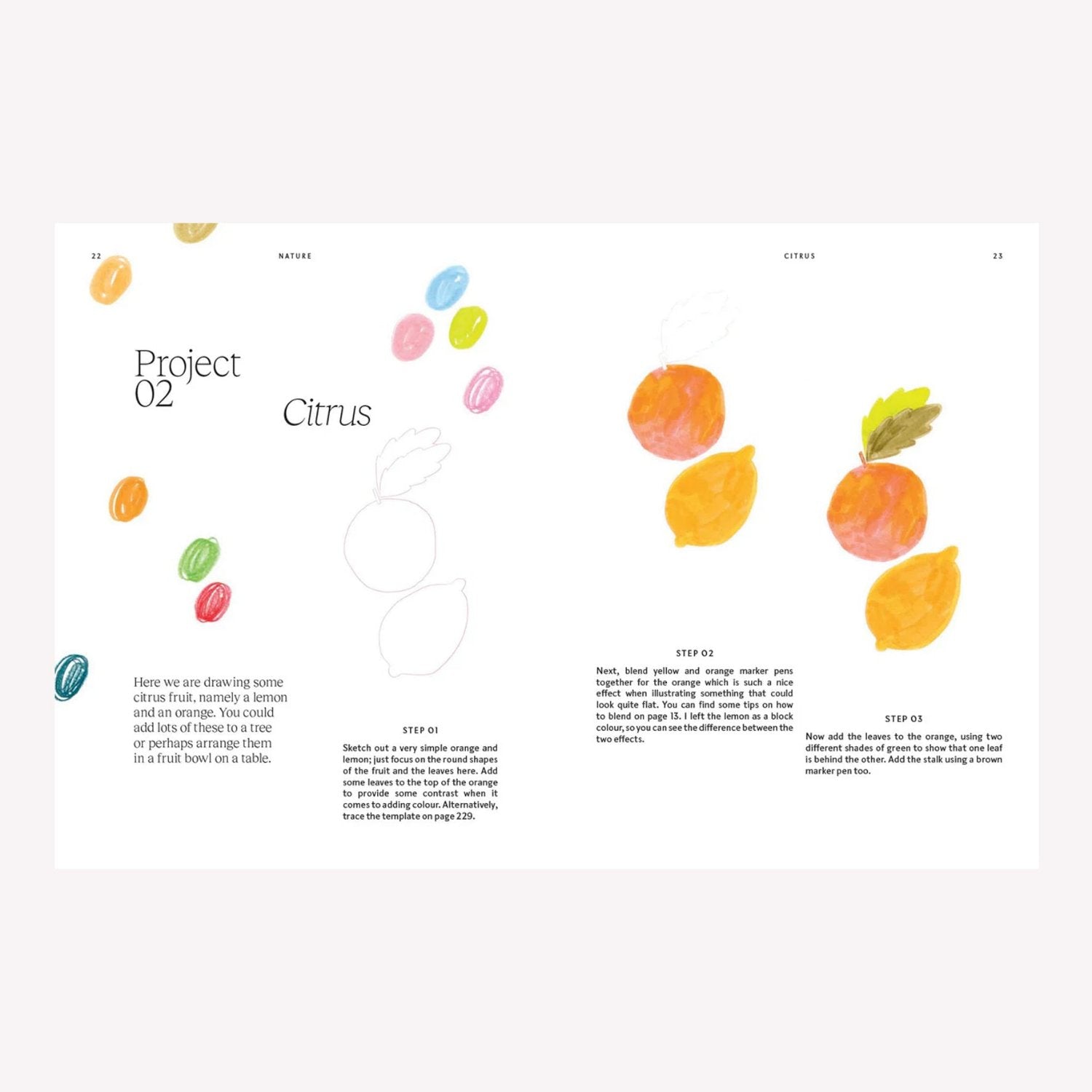 Inside “15 Minute Art: Drawing” by Jessica Smith. This double page spread features a project on how to draw citrus fruit.