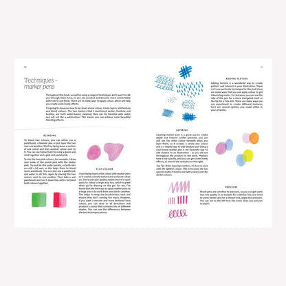 Inside “15 Minute Art: Drawing” by Jessica Smith. This double page spread suggests some marker pen techniques for using in your drawings.