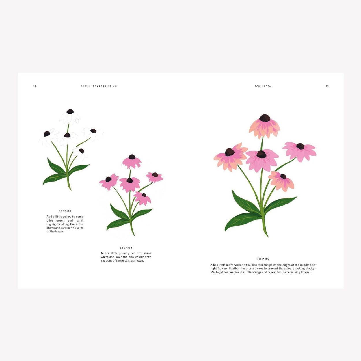 Inside “15 Minute Art: Painting” by Hannah Podbury. This double page spread features steps 3 to 5 on painting an echinacea flower.