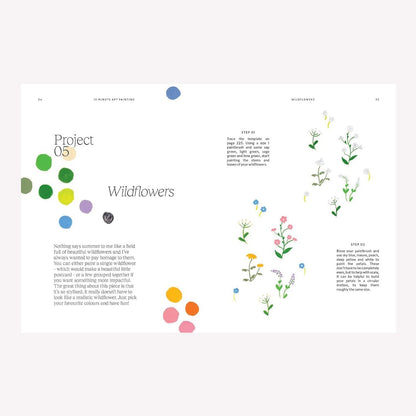 Inside “15 Minute Art: Painting” by Hannah Podbury. This double page spread features a project on painting wildflowers.