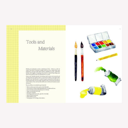 Inside “15 Minute Art: Watercolour” by Jola Sopek. This double page spread includes a list of suggested tools and materials.