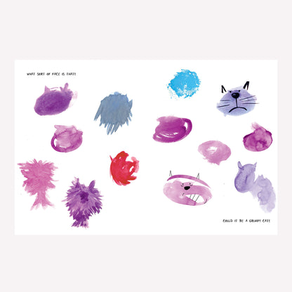 Inside "Hirameki: Cats and Dogs", with a page featuring blue and pink blots of colour that can be transformed into cat and dog faces with lines and dots. 