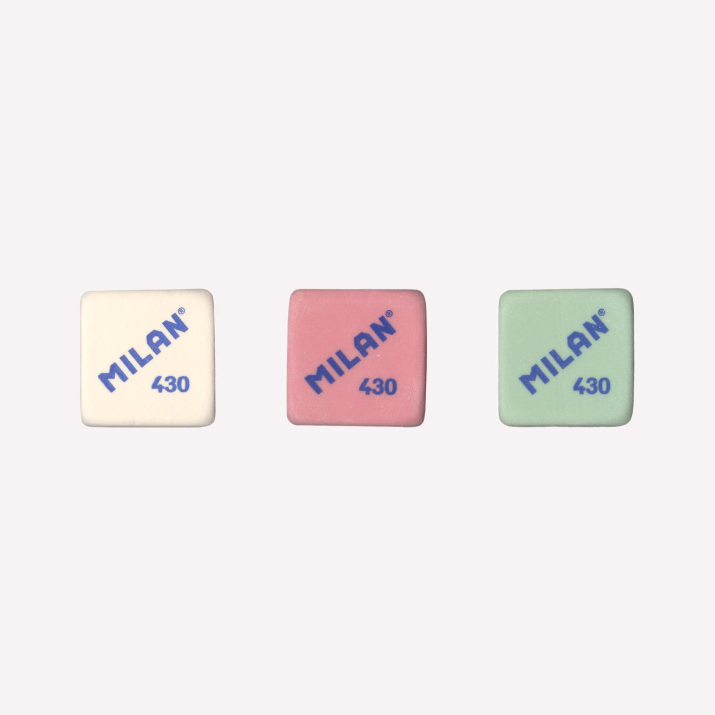 Milan square synthetic 430 eraser in pastel green, pink and white. 