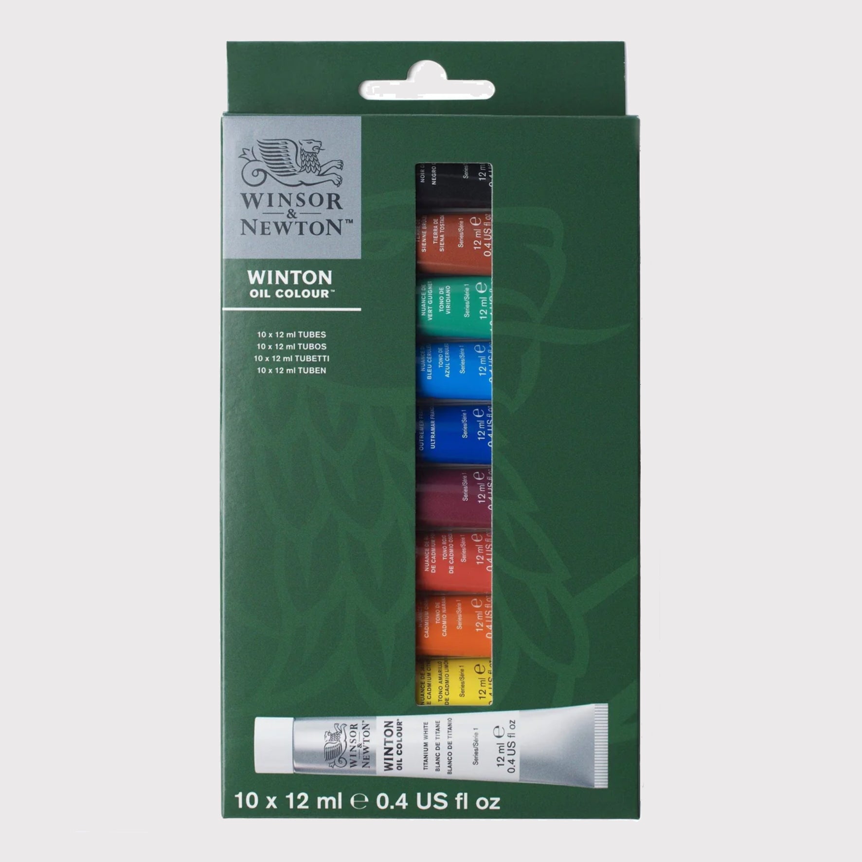 Winsor & Newton set of 10 oil colour tubes in a curated palette for beginners, presented in a card box with a window to see the colour tubes. 