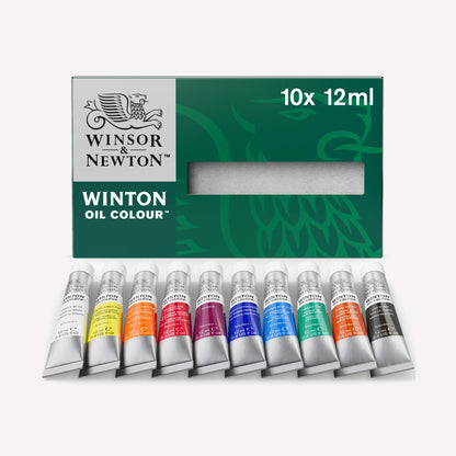 Open box of Winsor & Newton's set of 10 oil paints, including a curated palette of 12ml tubes for beginners to oil painting. 