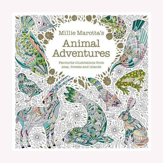 Cover of Millie Marotta's Animal Adventures colouring book. The cover features several line drawings of animals, including a seal, frog, hare and several birds.