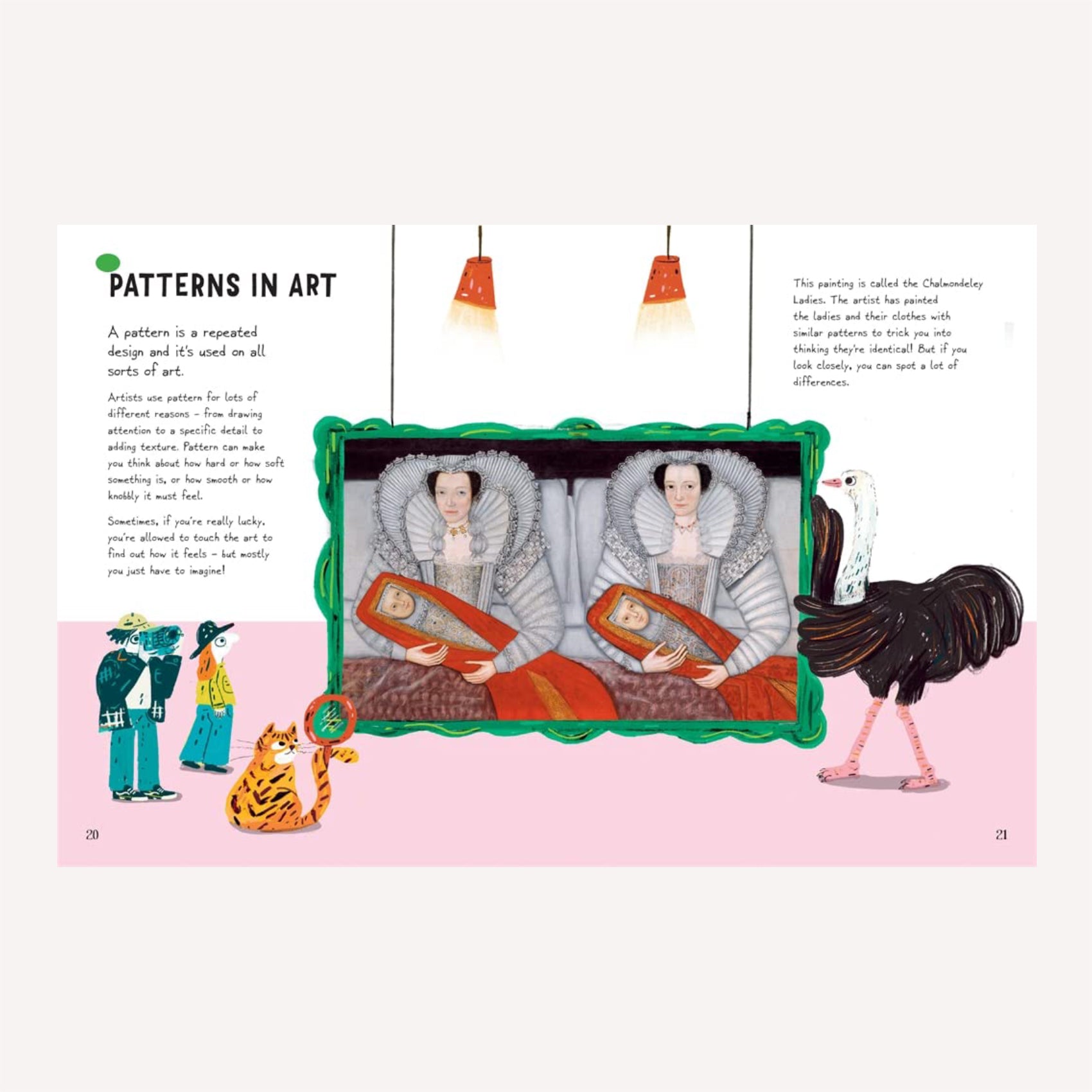 Inside “Art is Everywhere” by Ellie Chan and Liv Bargman. This double page spread gives an introduction to patterns in art with bright, colourful illustrations, accessible for young readers. 