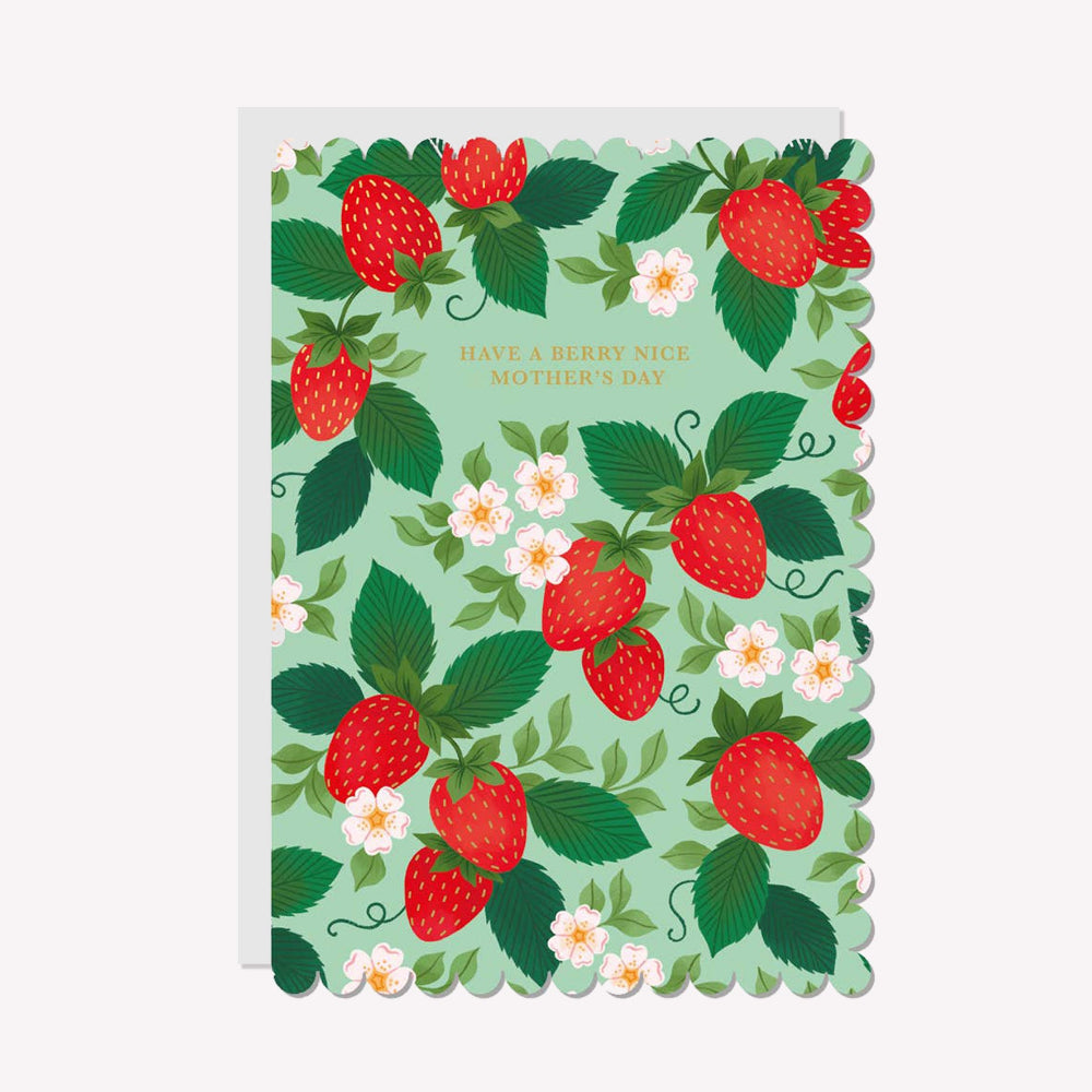 An illustrated Mother's Day card by Raven Paper Co, printed by Ricicle Cards. This card features a pattern of strawberry plants, with gold-foiled text above that reads “Have A Berry Nice Mother's Day".