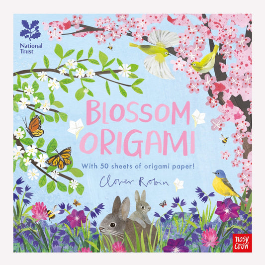 Book cover titled "Blossom Origami" by Clover Robin. The title is surrounded by paper-cut artwork, including cherry blossoms, rabbits, birds and butterflies. 