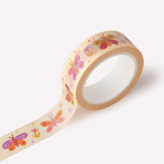 Roll of washi tape designed by Claire Paul, featuring a pattern of hand drawn butterflies on a soft, cream background. Each roll measures 15mm wide and has 10m of tape. 