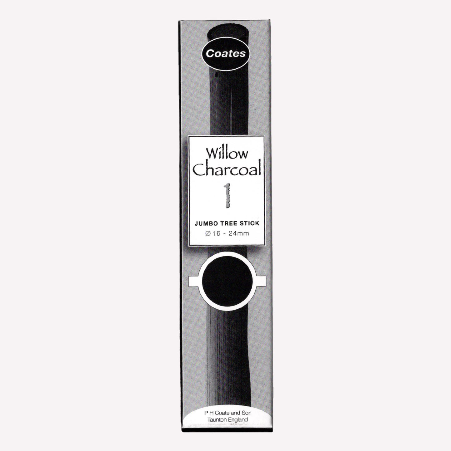 Coates box of 1 Willow Charcoal thick stick (16-24mm) packaged in cardboard. 