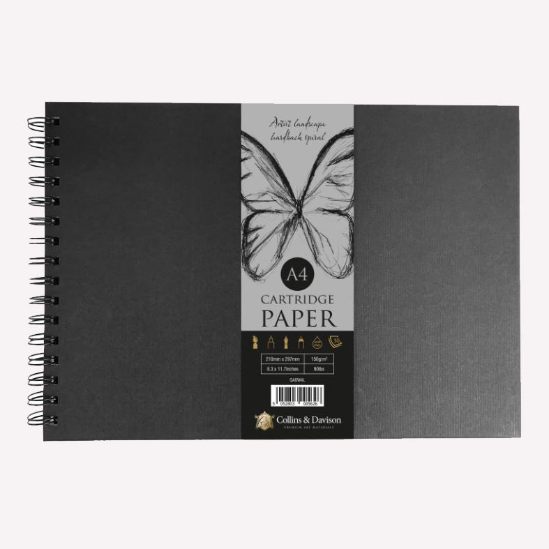 Collins & Davison A4 Spiral Bound Sketchbook with a black hardcover, containing 50 pages of 150gsm cartridge paper. 
