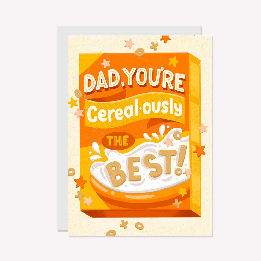 An illustrated Father's Day card by Ricicle Cards. This card features an orange and yellow illustration of a cereal box, with text that reads “Dad, You're Cereal-ously The Best!”.