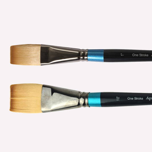 Daler Rowney Aquafine One Stroke paintbrush is designed for covering large areas with watercolour and gouache paint, available in sizes 1” and 1 1/2”. Brushes have a classy black handle with blue detailing and a silver ferrule.