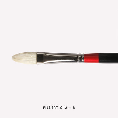 Daler-Rowney Georgian Filbert paintbrush in size G12-8. Brushes have a classy black handle with red detailing and a silver ferrule. 