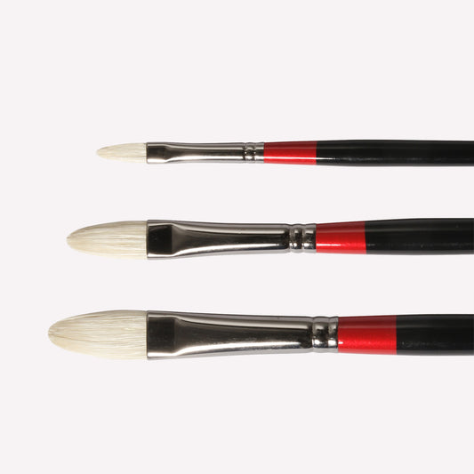 Daler-Rowney Georgian Filbert paintbrushes, available in sizes 2, 6 and 8. Brushes have a classy black handle with red detailing and a silver ferrule. 