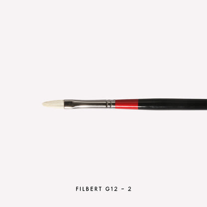 Daler-Rowney Georgian Filbert paintbrush in size G12-2 . Brushes have a classy black handle with red detailing and a silver ferrule. 