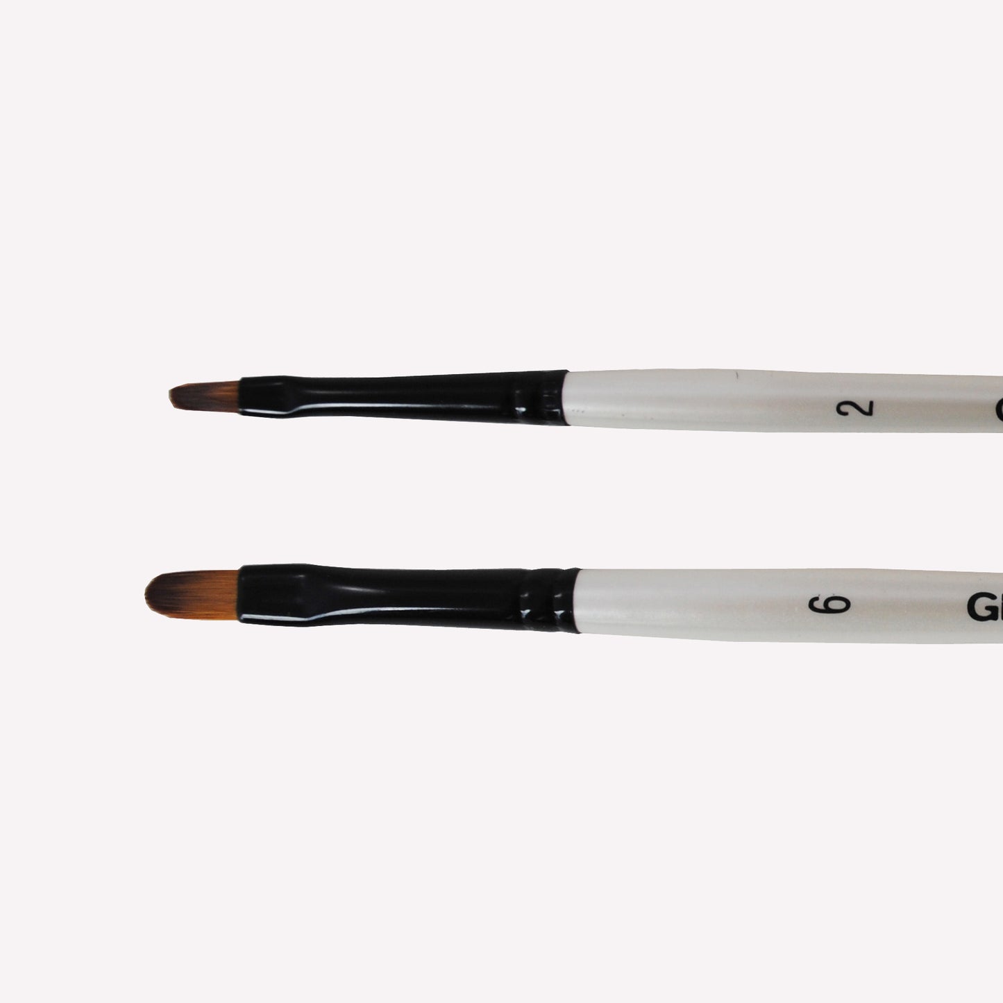 Daler-Rowney Graduate Filbert brushes with oval synthetic filaments, a white handle and a black ferrule, in sizes 2 and 6. 