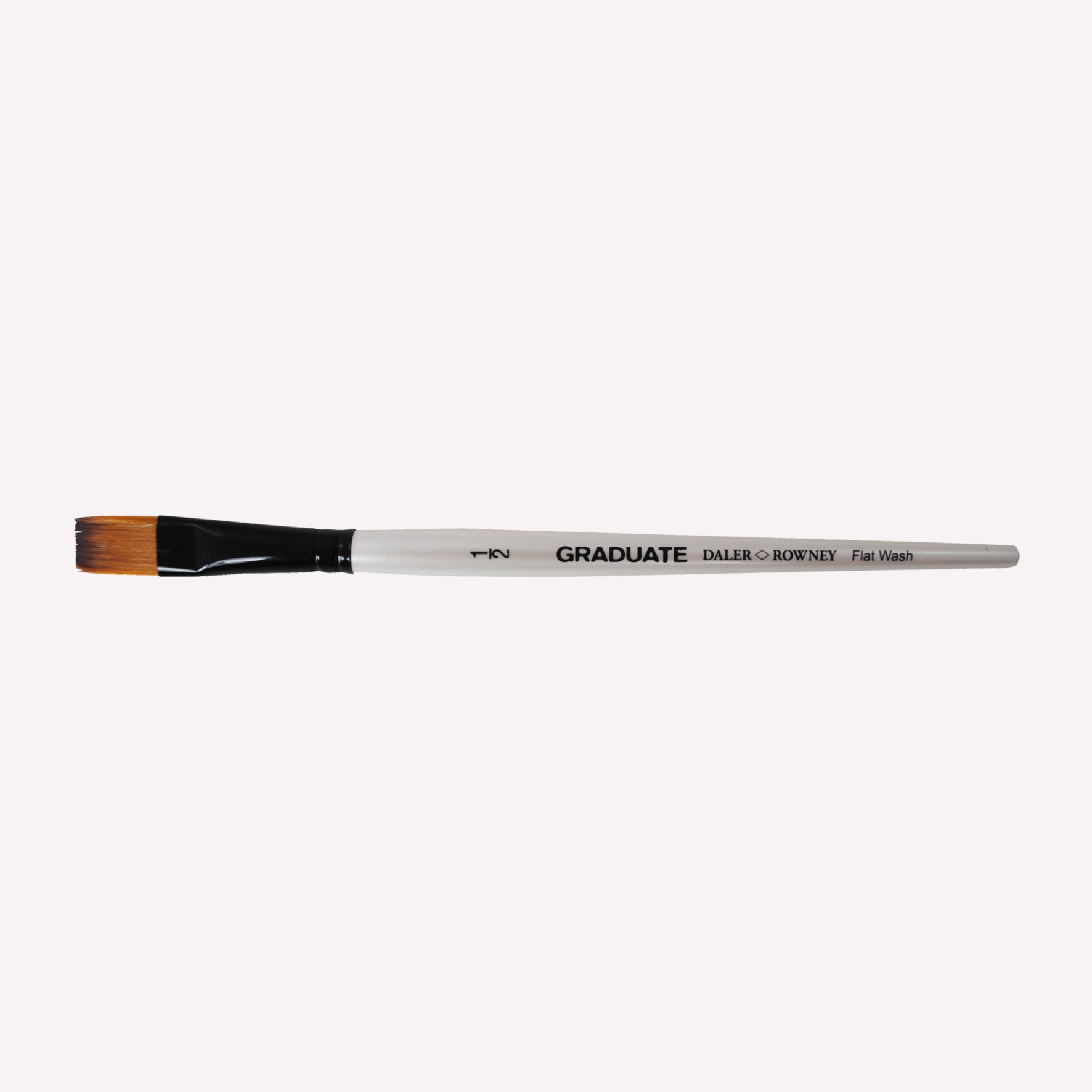 Daler-Rowney Graduate flat wash paintbrush with synthetic filaments, a short white handle and black ferrule, in size 1/2". 