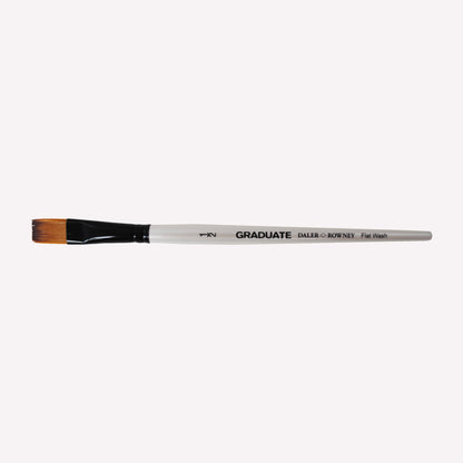 Daler-Rowney Graduate flat wash paintbrush with synthetic filaments, a short white handle and black ferrule, in size 1/2". 