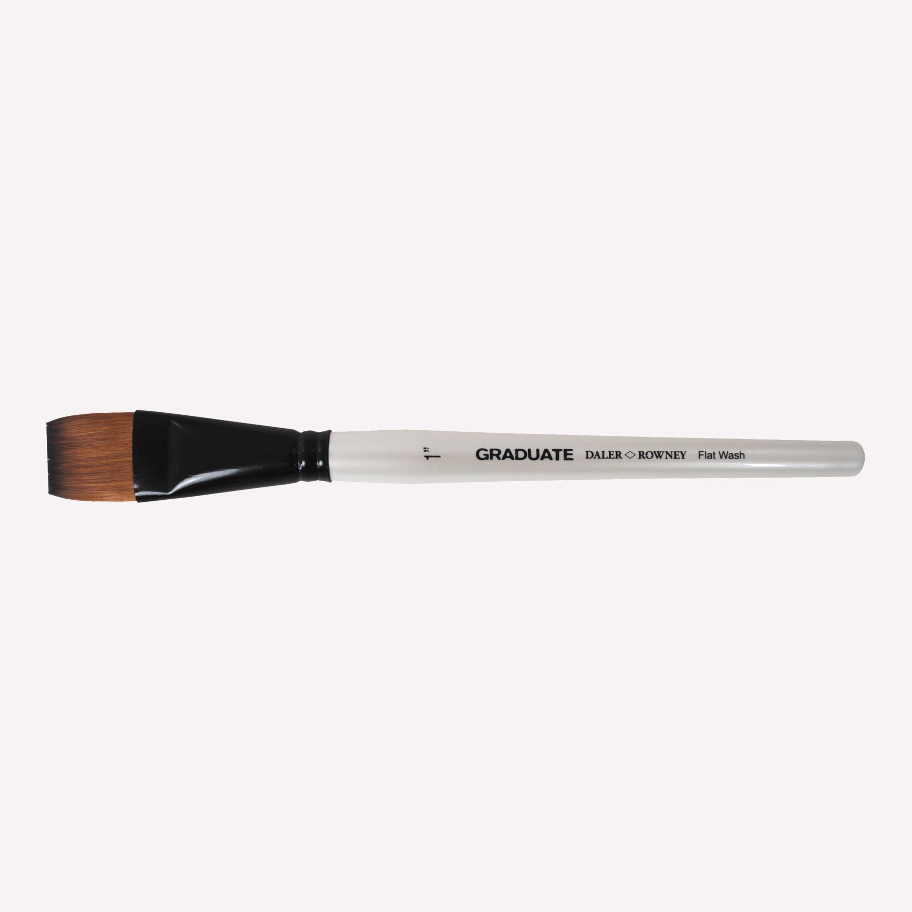 Daler-Rowney Graduate flat wash paintbrush with synthetic filaments, a short white handle and black ferrule, in size 1". 