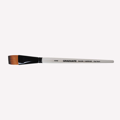 Daler-Rowney Graduate flat wash paintbrush with synthetic filaments, a short white handle and black ferrule, in size 3/4". 