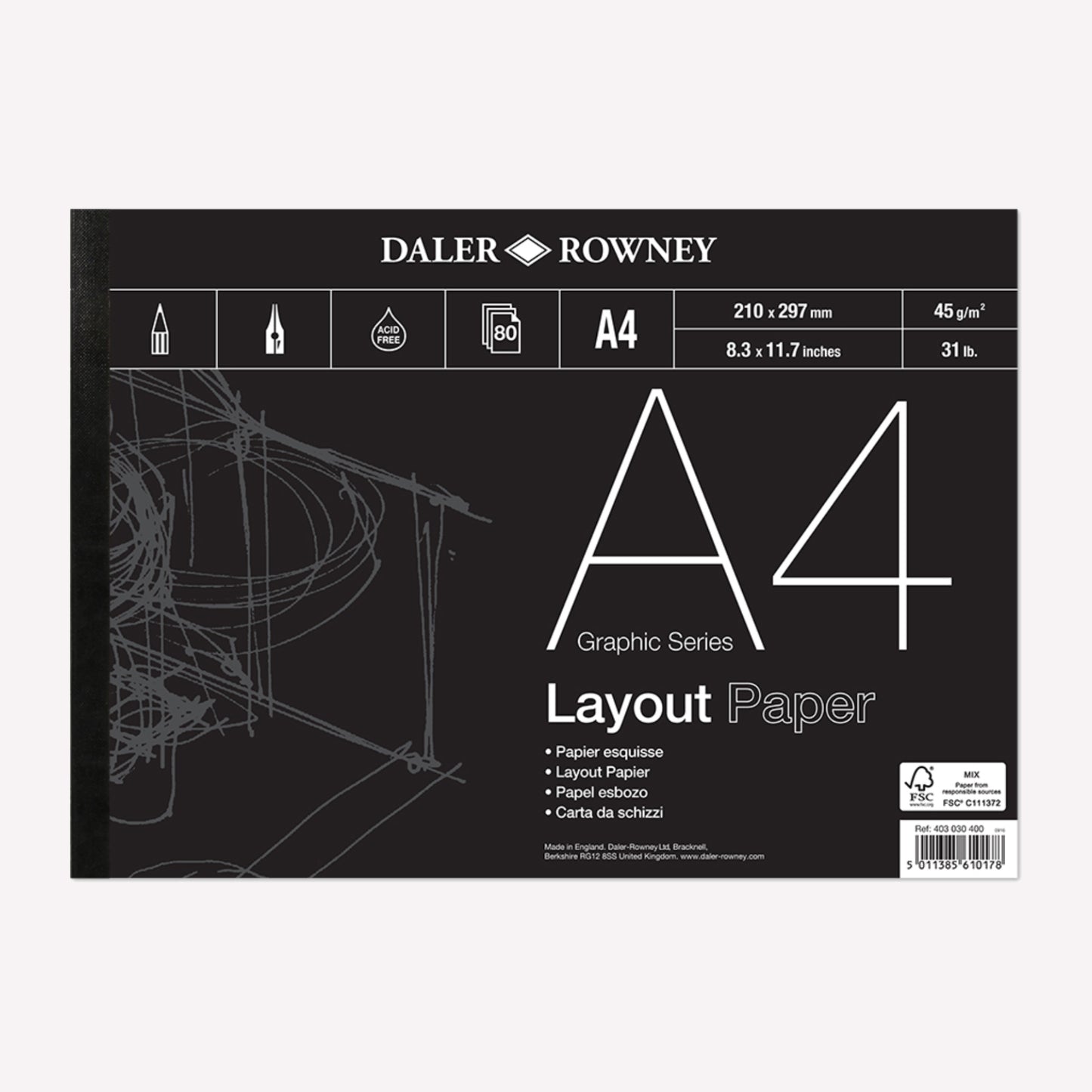 Daler-Rowney's Graphic Series A4 Layout paper with a black cover featuring a rough sketch. 