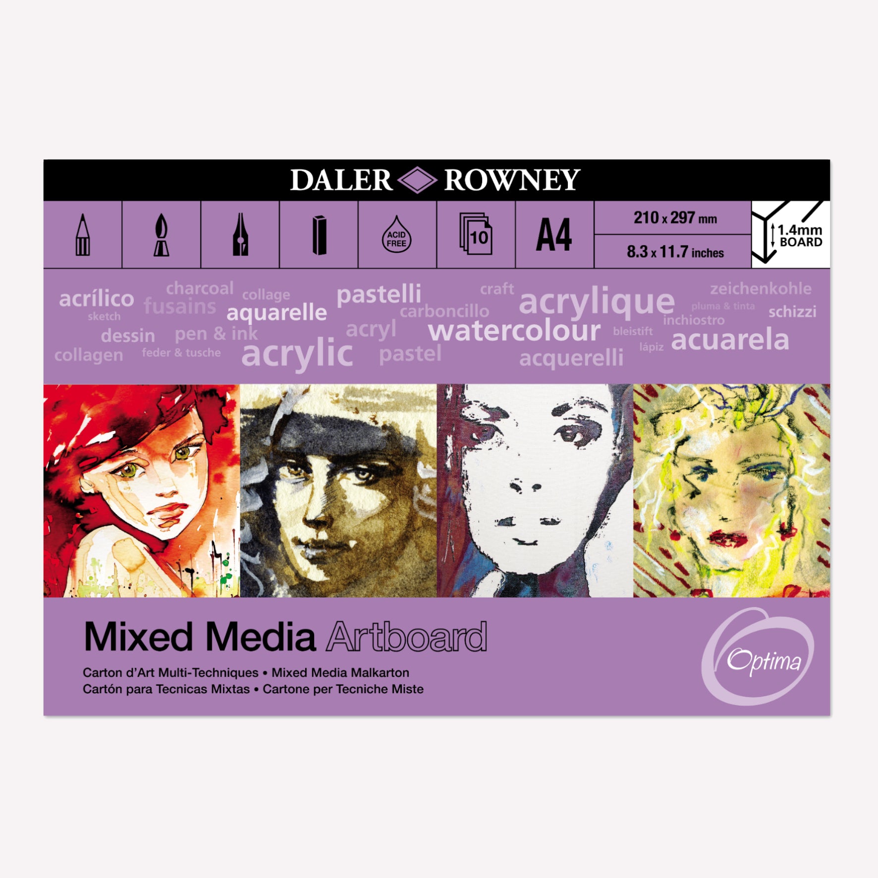 Daler-Rowney A4 Mixed Media Artboard gummed pad featuring a sturdy purple cover illustrated with portraits in different styles. 
