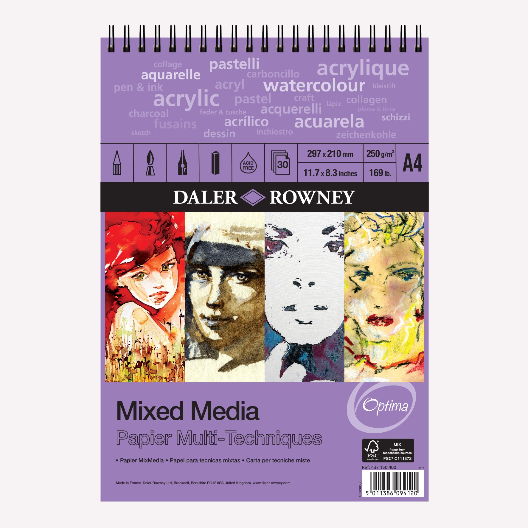 Daler-Rowney A4 Optima Mixed Media pad featuring a sturdy purple cover illustrated with portraits in different styles, and black spiral binding. 