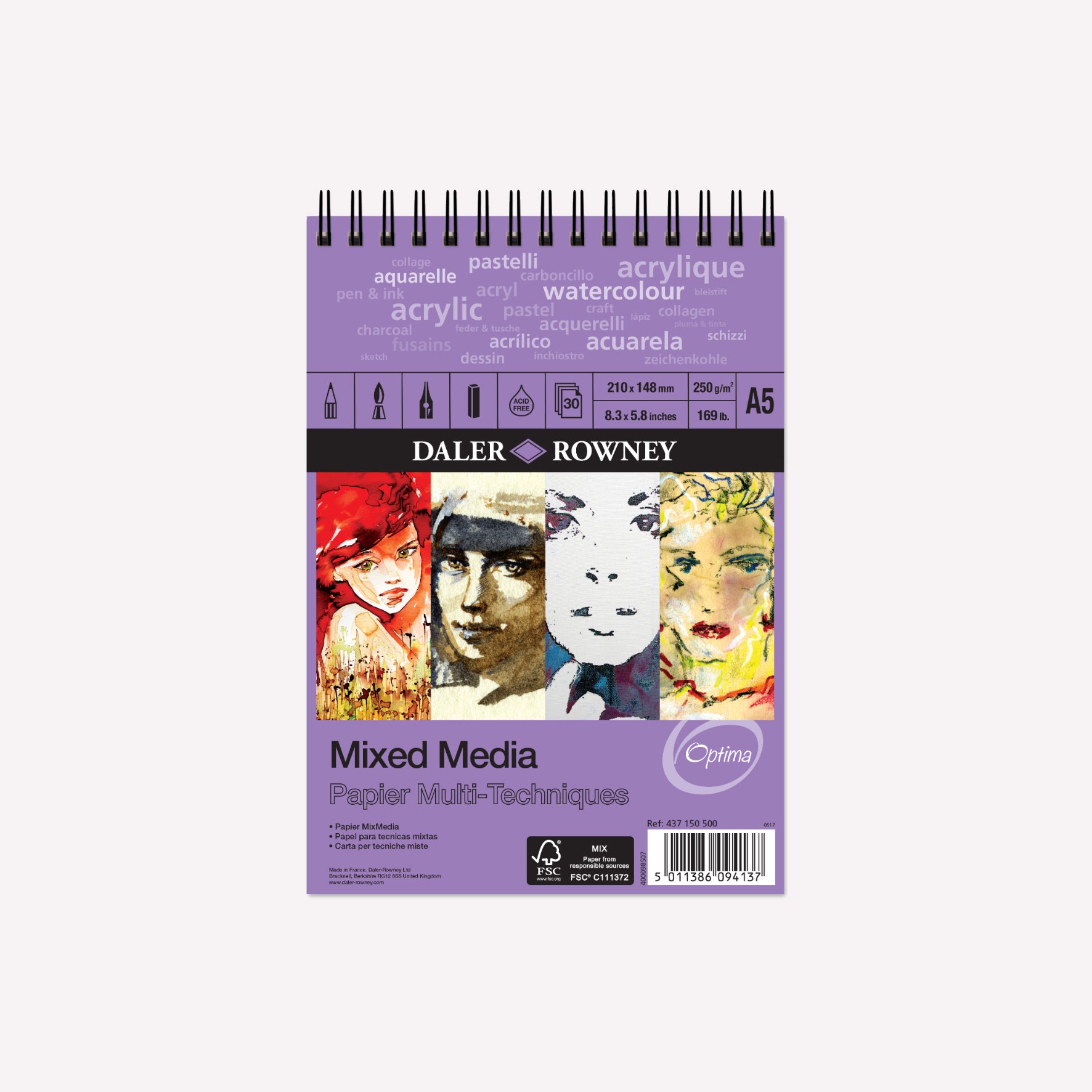 Daler-Rowney A5 Optima Mixed Media pad featuring a sturdy purple cover illustrated with portraits in different styles, and black spiral binding. 