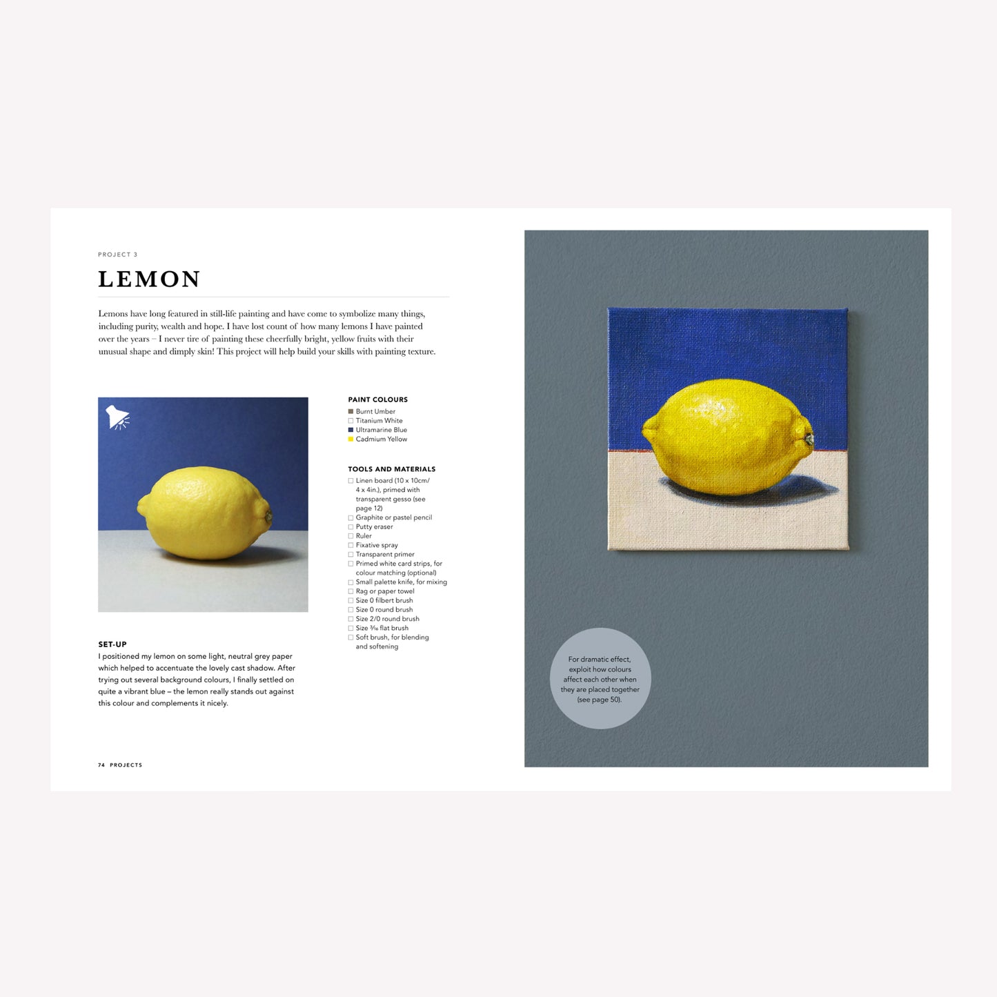 Inside "Easy Oil Painting" by Estelle Day. This double page spread shows a project on painting a lemon still-life.