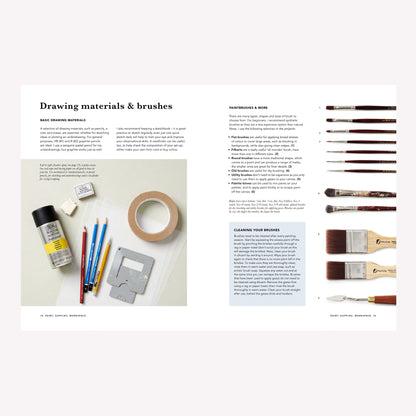 Inside "Easy Oil Painting" by Estelle Day. This double page spread lists the drawing materials, brushes and tools needed to start oil painting.