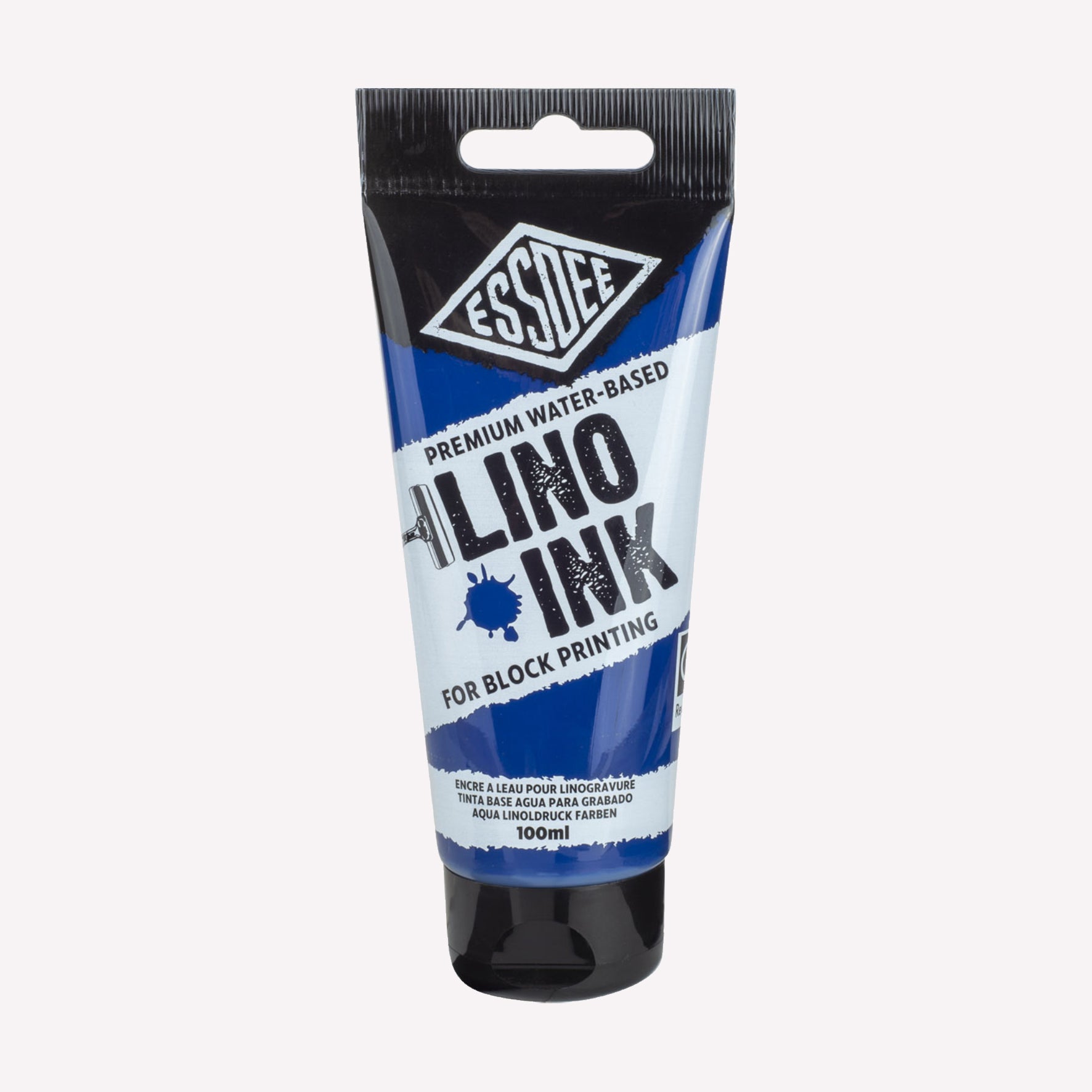 100ml Essdee premium water-based block printing ink in Brilliant Blue, packaged in a branded tube. 