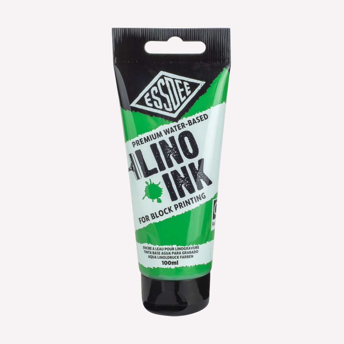 100ml Essdee premium water-based block printing ink in Brilliant Green, packaged in a branded tube. 