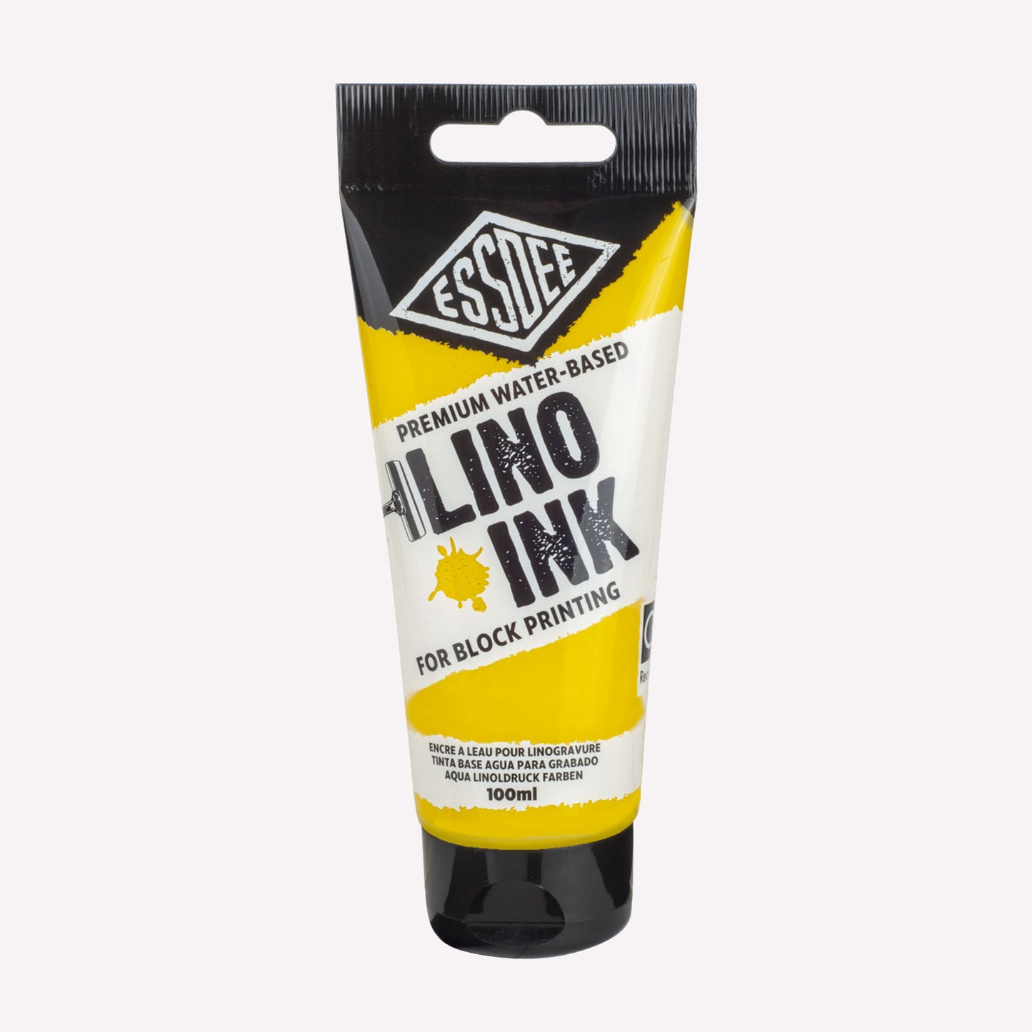 100ml Essdee premium water-based block printing ink in Yellow, packaged in a branded tube. 