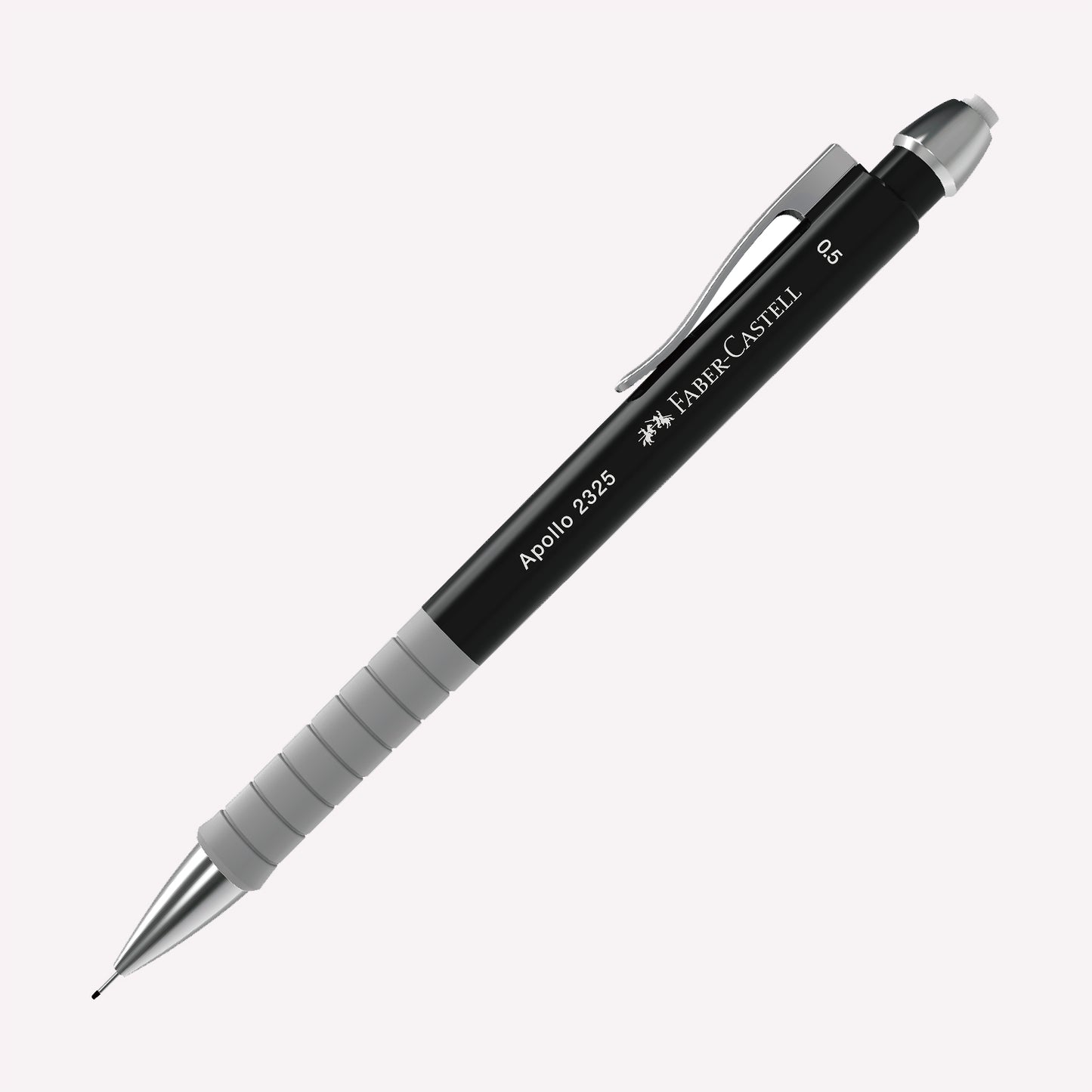 Faber-Castell Apollo 2325 0.5 Mechanical Pencil in black, with a coloured barrel and rubber grip area, topped with a small white eraser. 