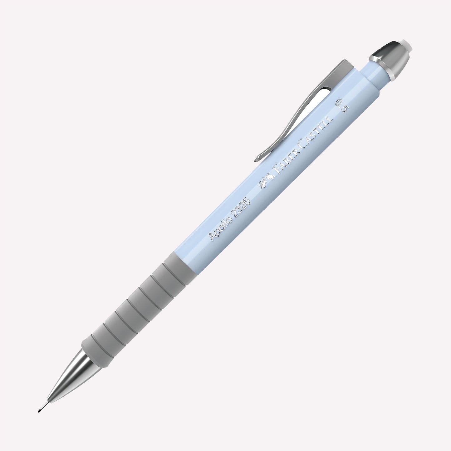 Faber-Castell Apollo 2325 0.5 Mechanical Pencil in sky blue, with a coloured barrel and rubber grip area, topped with a small white eraser. 