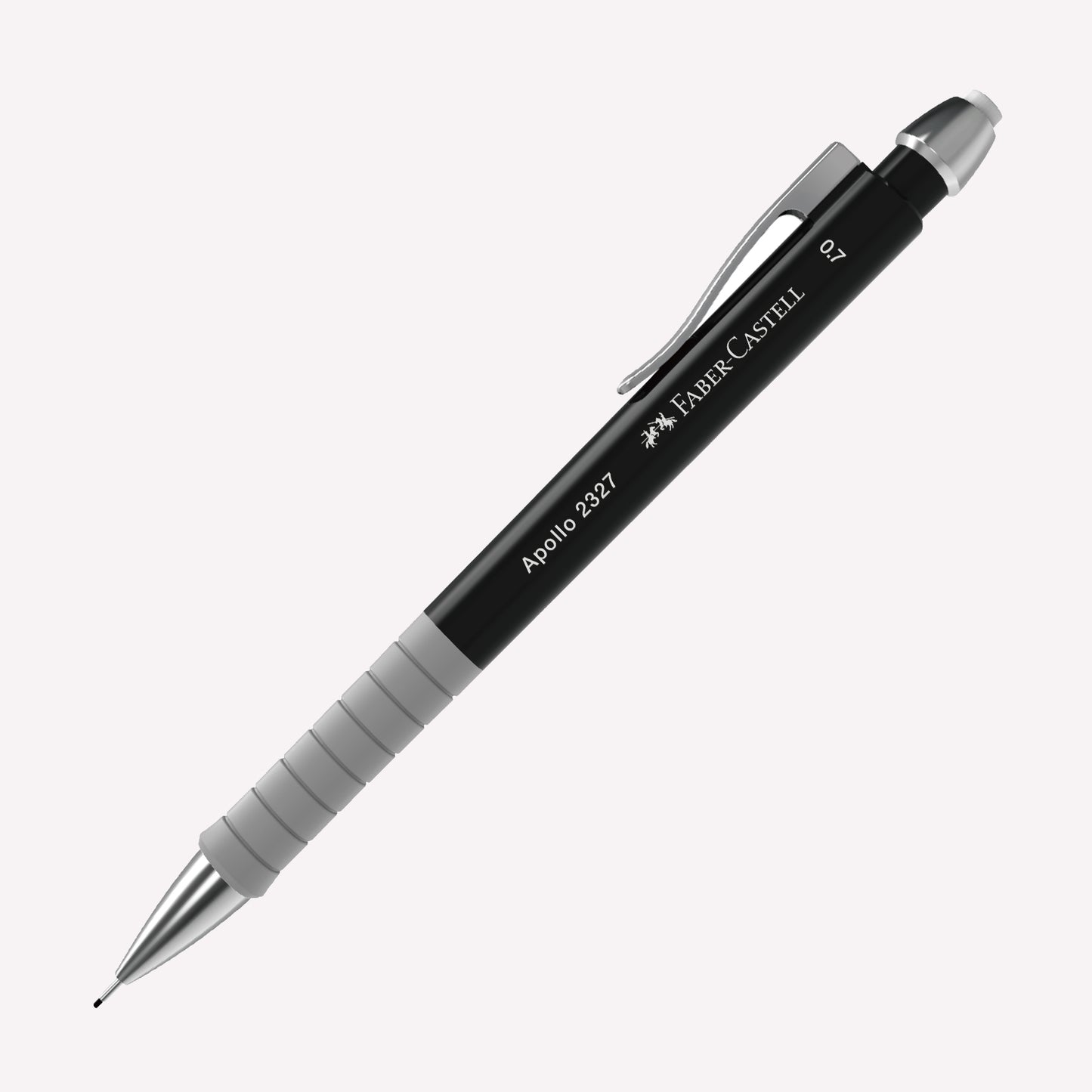 Faber-Castell Apollo 2325 0.7 Mechanical Pencil in black, with a coloured barrel and rubber grip area, topped with a small white eraser. 