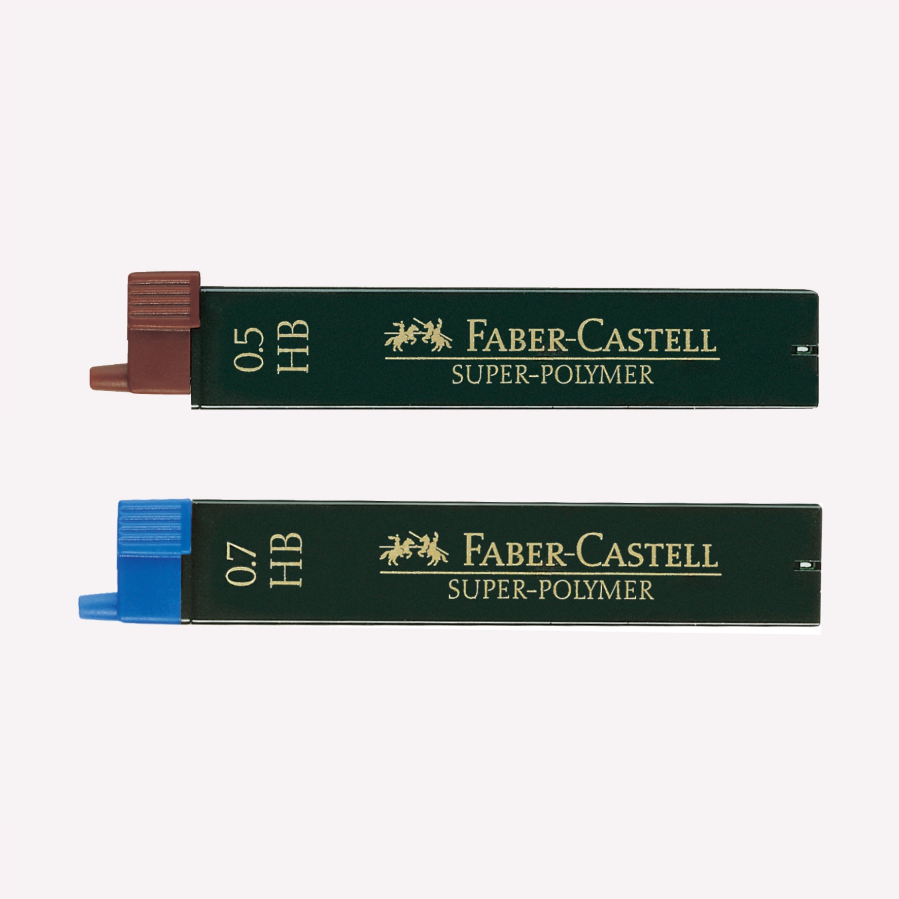 Faber Castell pack of 12 Super Polymer Leads in a green package with coloured lids indicating the line width. Available in sizes 0.5mm and 0.7mm. 