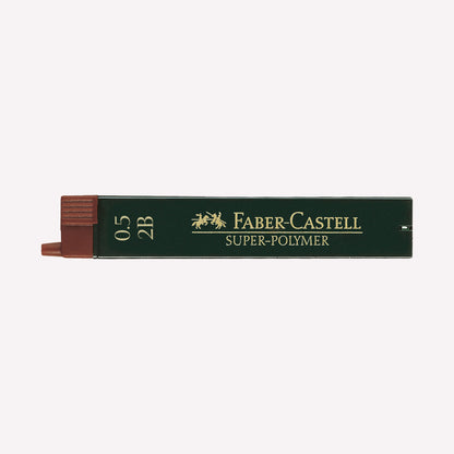 Faber Castell pack of 12 2B 0.5mm Super Polymer Leads in a green package with a brown lid. 