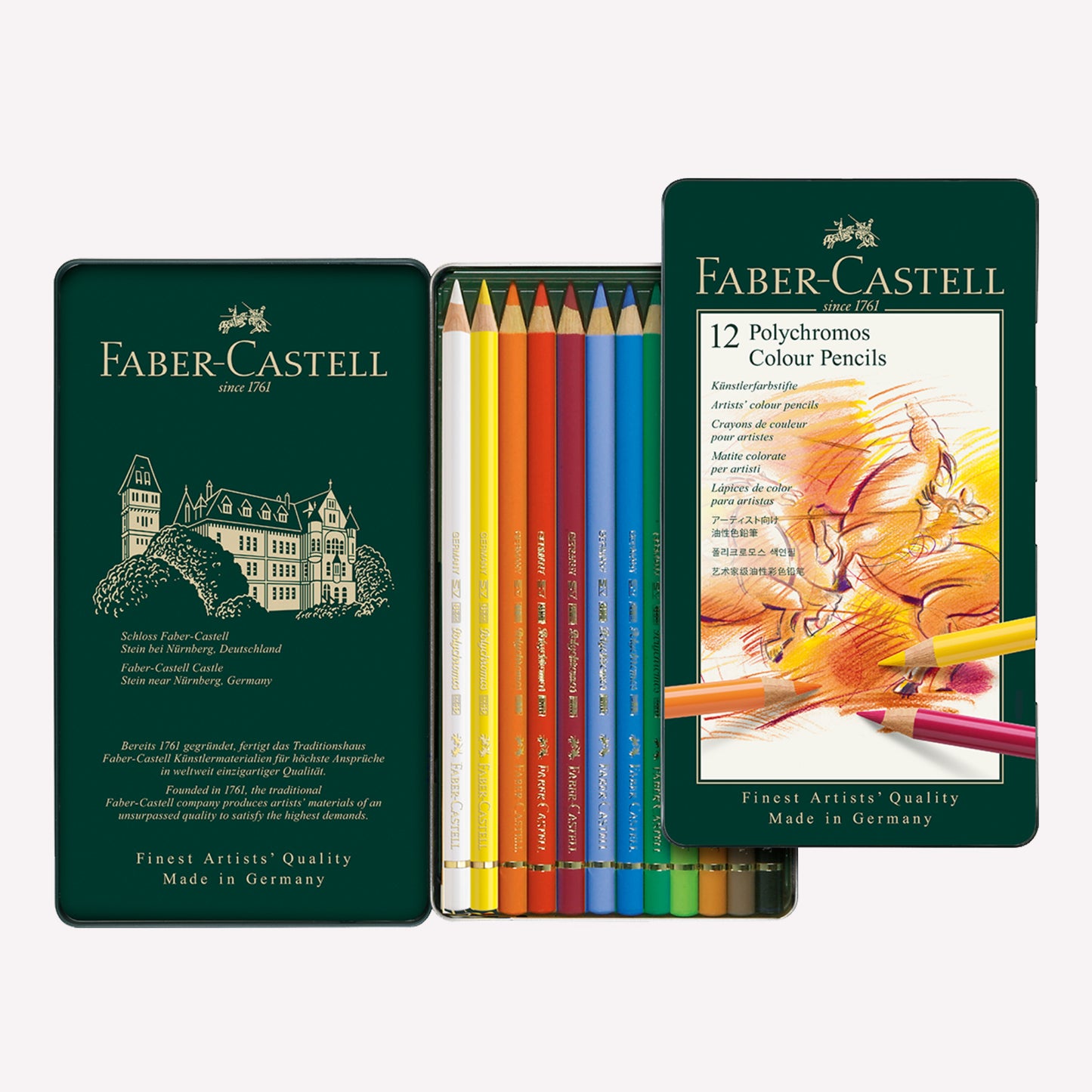 Inside Faber-Castell's Polychromos set of 12 colour pencils packaged in a green metal tin with an expressive illustration of a horse on the front. 