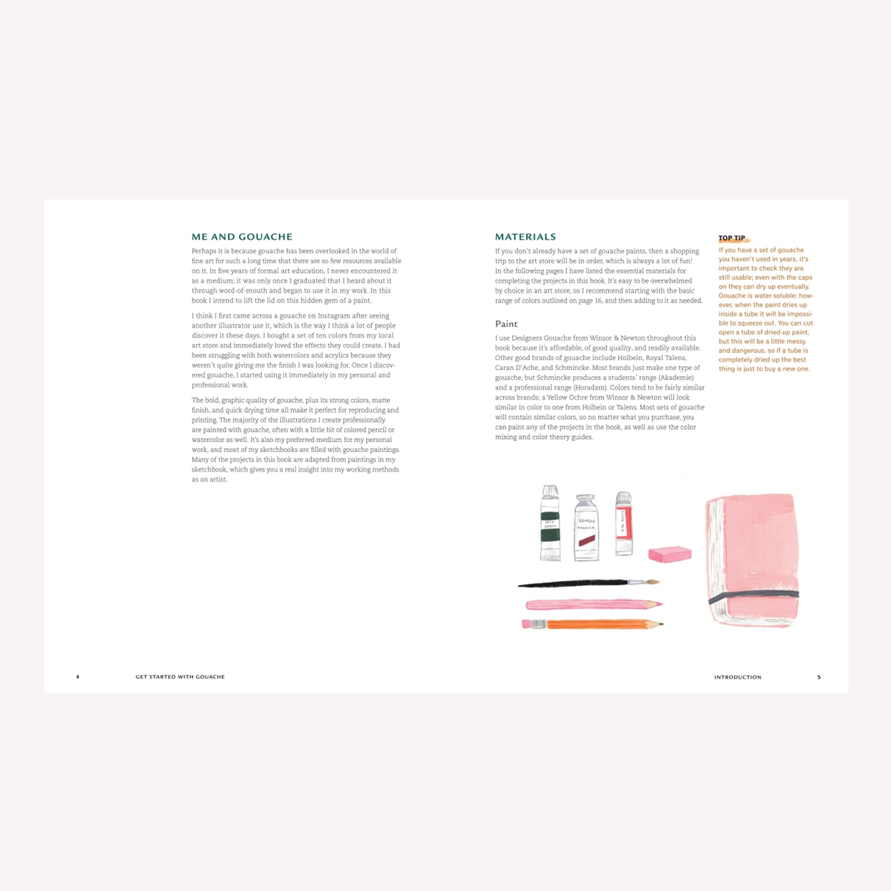 Inside "Get Started With Gouache" by Emma Block. This double page spread has an introduction from Emma and includes a list of her favourite materials and paint brands.