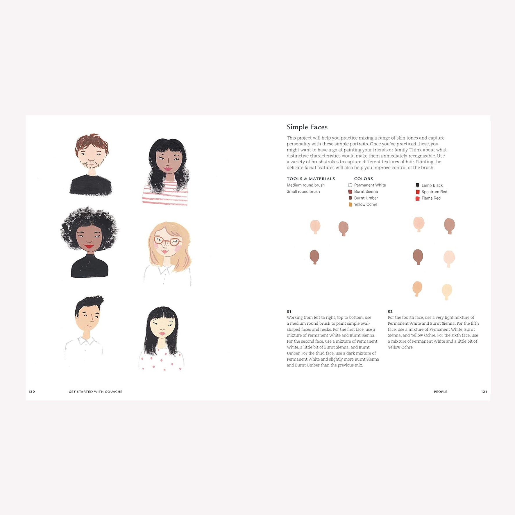 Inside "Get Started With Gouache" by Emma Block. This double page spread features a project on drawing simple faces and expressions.