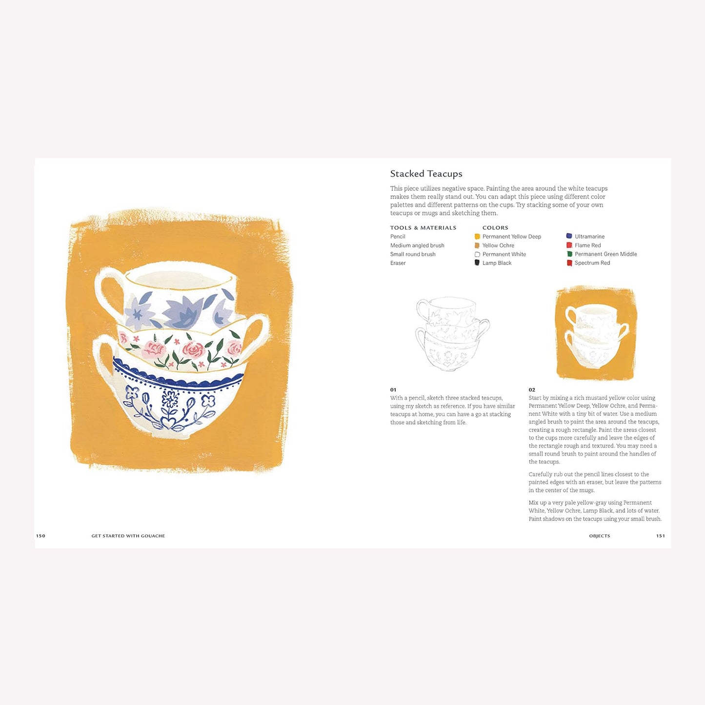 Inside "Get Started With Gouache" by Emma Block. This double page spread features a project on painting two stacked teacups and using the negative space technique.