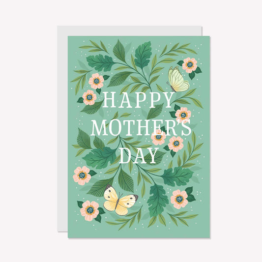 An illustrated Mother's Day card by Raven Paper Co, printed by Ricicle Cards. The card reads "Happy Mother's Day" and is surrounded by illustrations of flowers, leaves and butterflies.