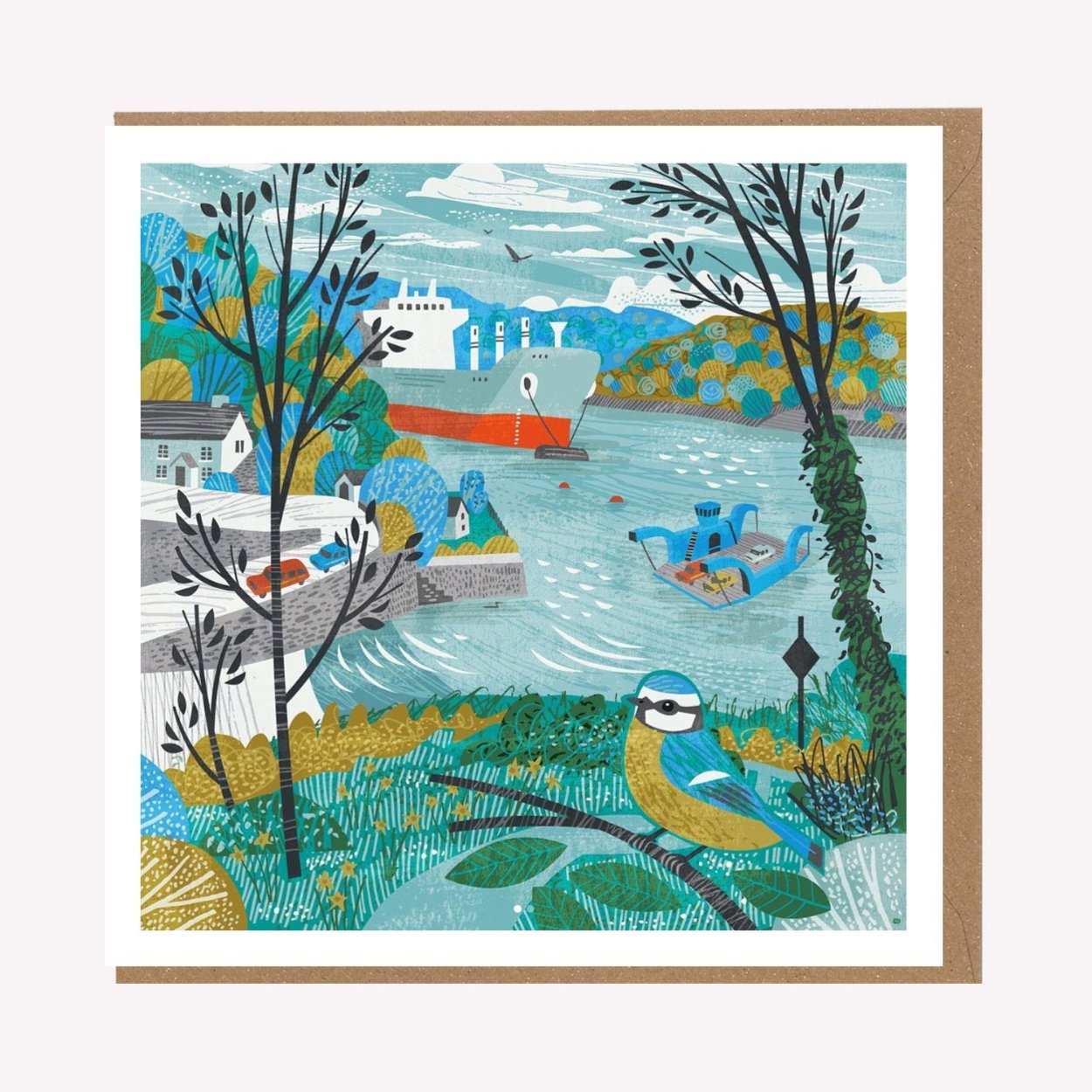 An illustrated greetings card by Matt Johnson, featuring his 'King Harry Ferry Blue Tit' artwork. The square card is paired with a kraft brown envelope.