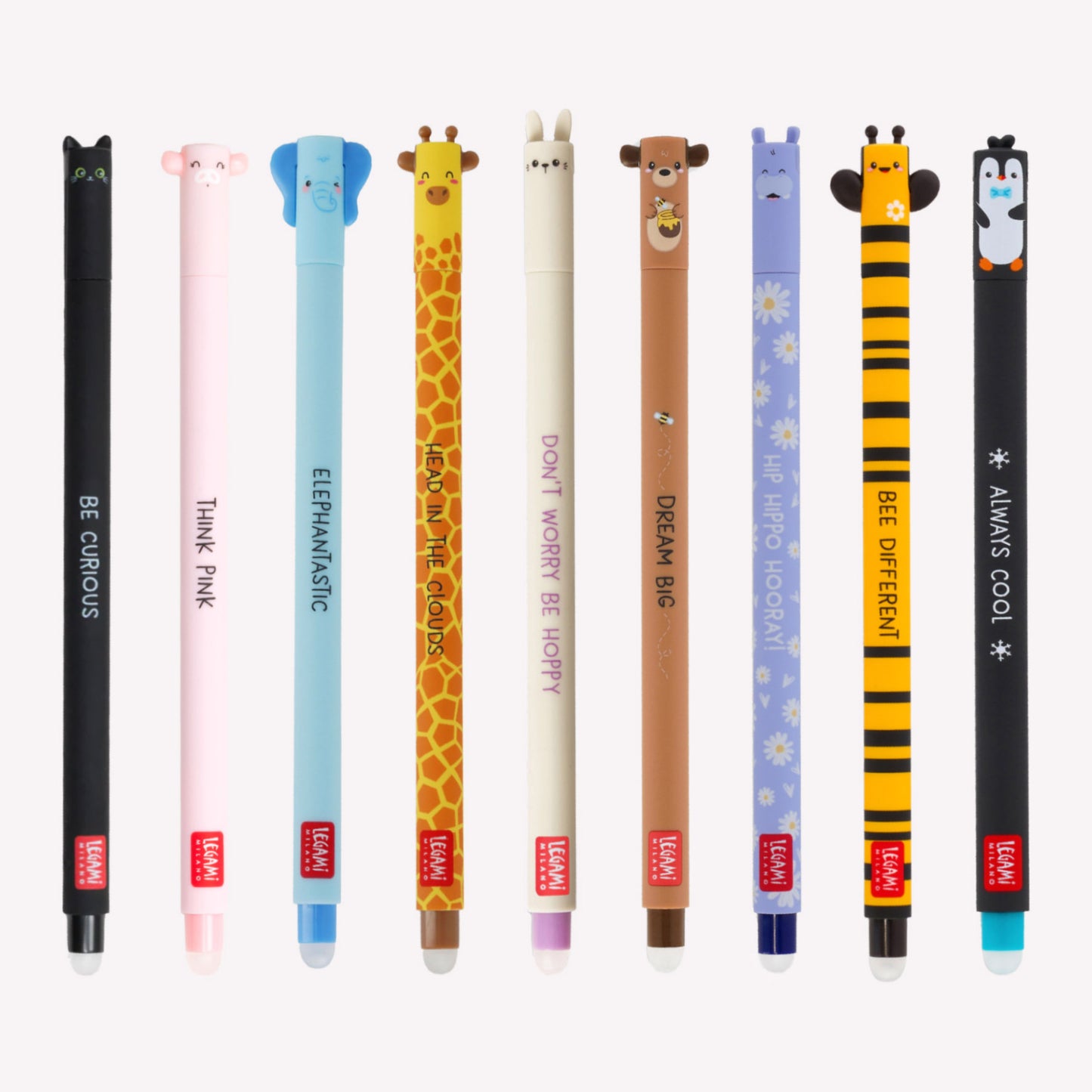 Legami erasable gel pens with various ink colours. Each pen has an animal design (cat, pig, elephant, giraffe, rabbit, bear, hippo, bee and penguin) with a rubber eraser and a motivational message printed on the barrel.