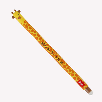 Legami erasable Giraffe gel pen with a yellow barrel with an orange pattern of spots, as well as 3D ears and horns, printed with the message "head in the clouds". 