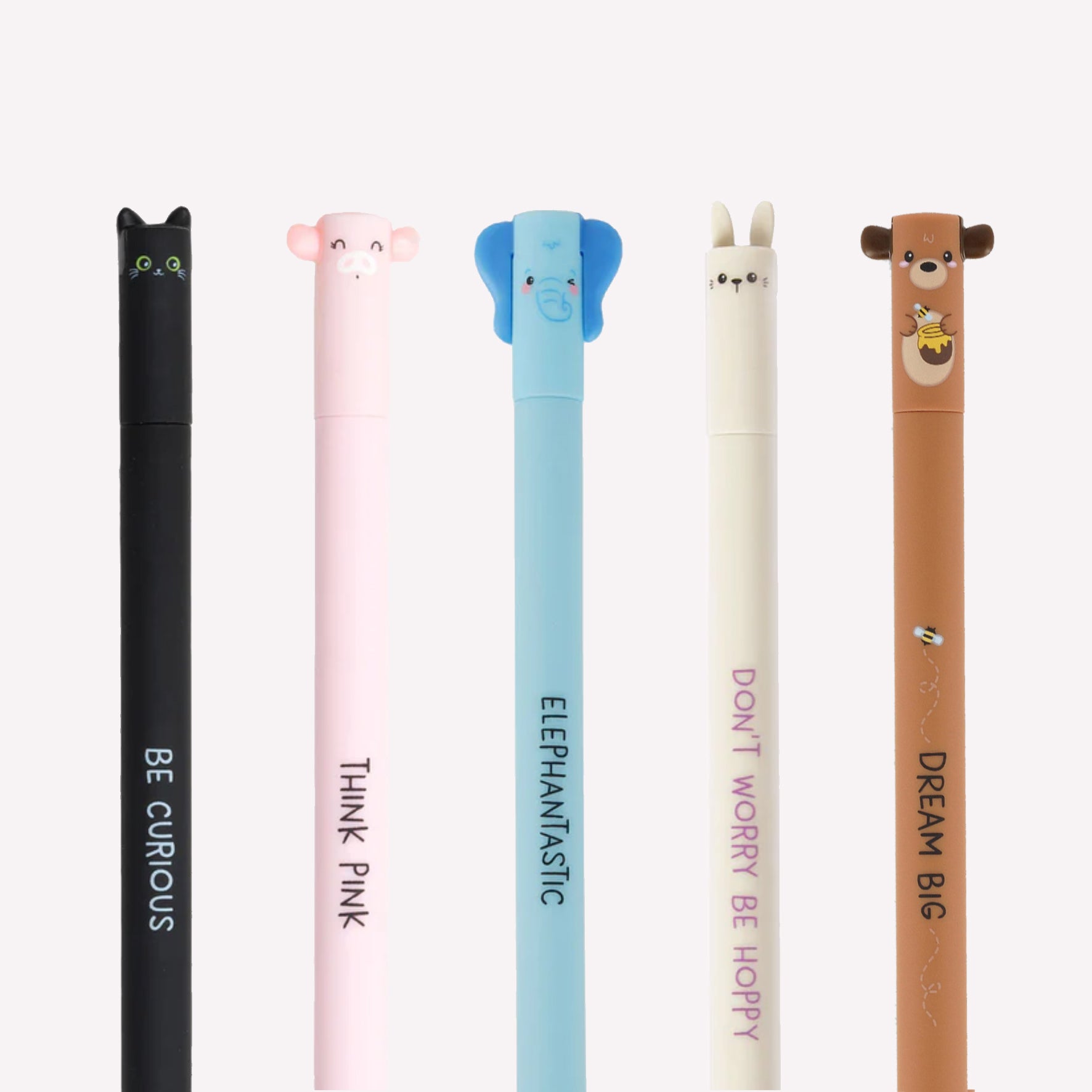 Close of up Legami Erasable Animal Gel Pen Range, with the Cat, Pig, Elephant,  Bunny, and Bear designs. Each gel pen cap has 3D features to depict the relevant animal. 