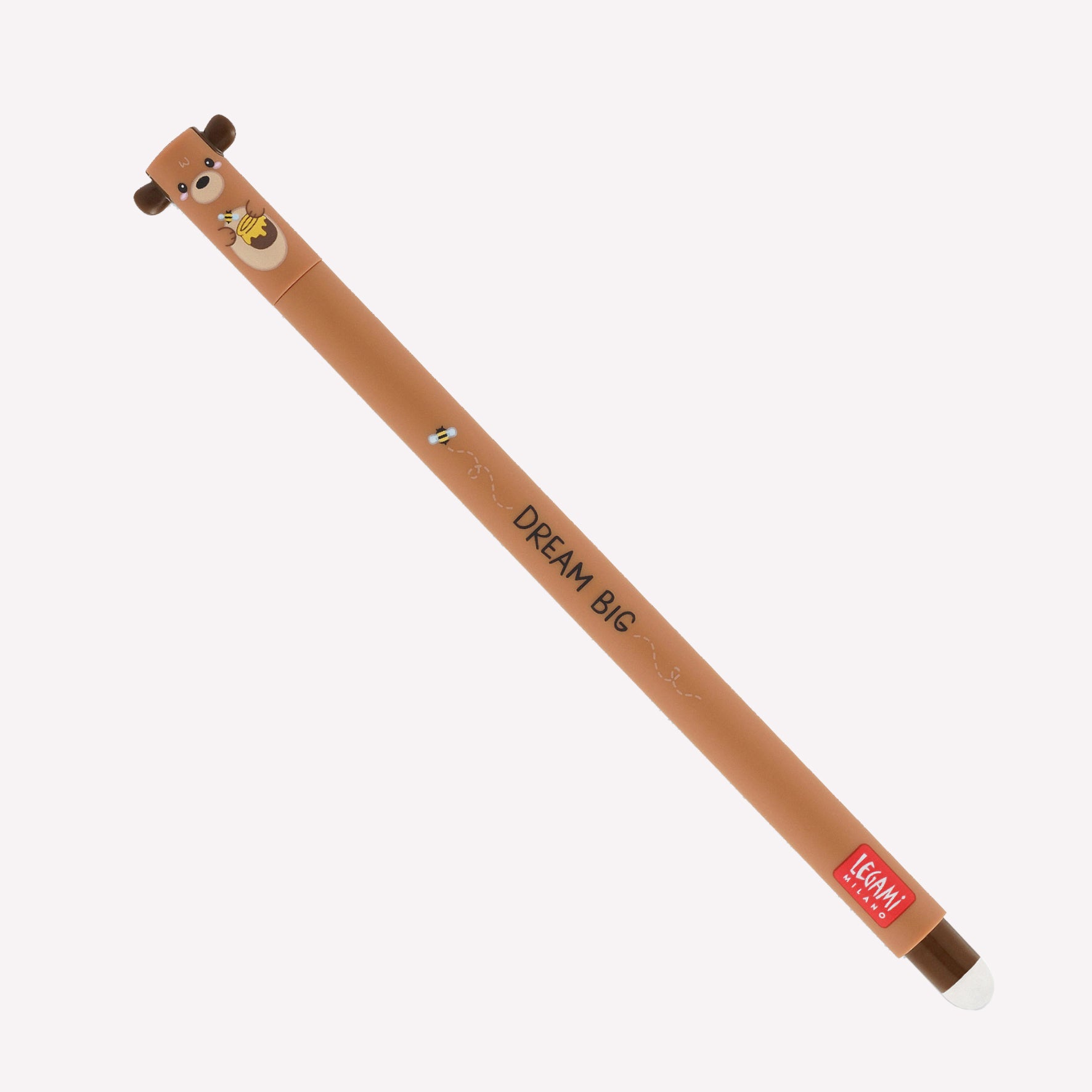 Legami erasable bear gel pen with a brown barrel, red ink and bear ears, printed with a bee and honey pot, and the message "dream big". 